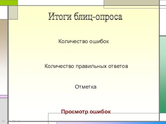 Итоги блиц-опроса Количество ошибок Отметка Просмотр ошибок Количество правильных ответов