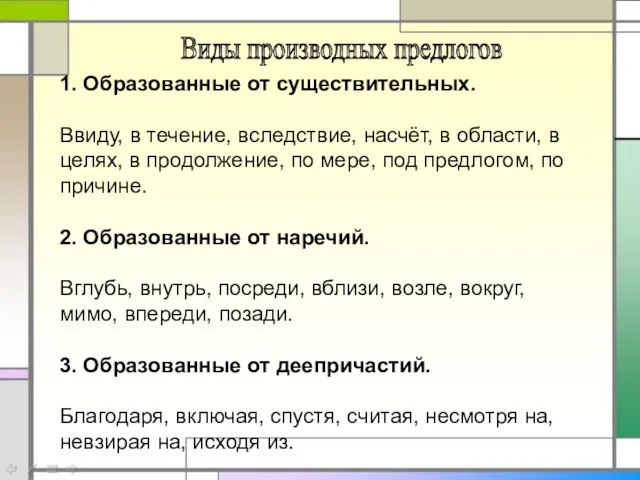 Виды производных предлогов 1. Образованные от существительных. Ввиду, в течение, вследствие, насчёт,