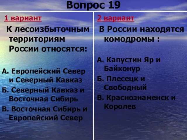 Вопрос 19 1 вариант К лесоизбыточным территориям России относятся: А. Европейский Север