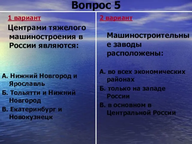 Вопрос 5 1 вариант Центрами тяжелого машиностроения в России являются: А. Нижний