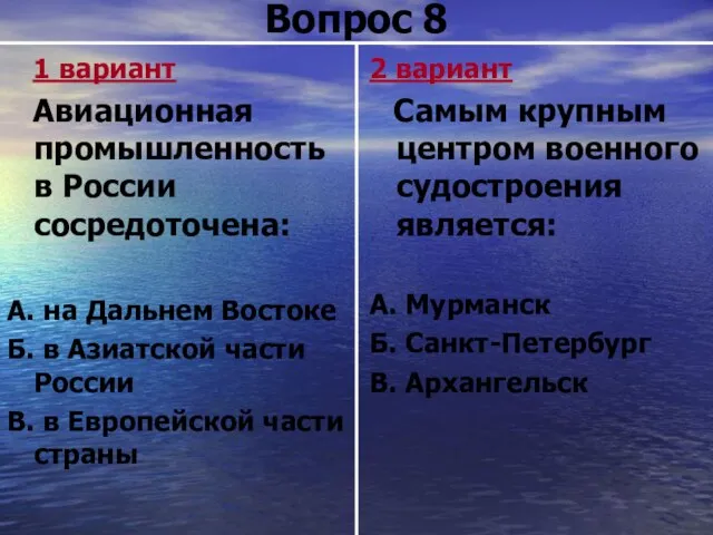 Вопрос 8 1 вариант Авиационная промышленность в России сосредоточена: А. на Дальнем