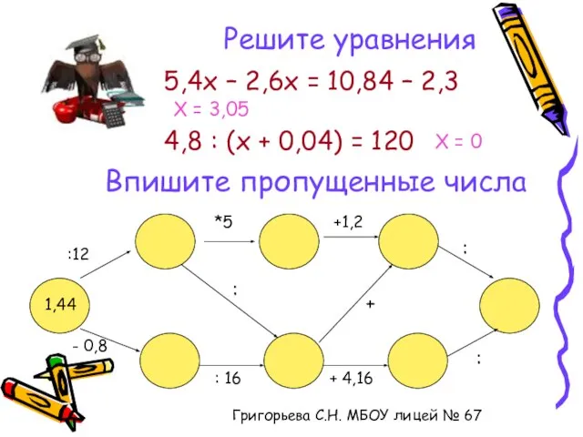 Решите уравнения 5,4х – 2,6х = 10,84 – 2,3 Х = 3,05