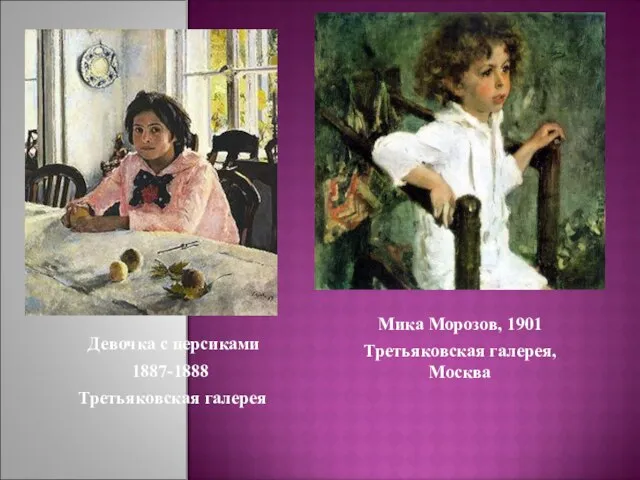 Девочка с персиками 1887-1888 Третьяковская галерея Мика Морозов, 1901 Третьяковская галерея, Москва