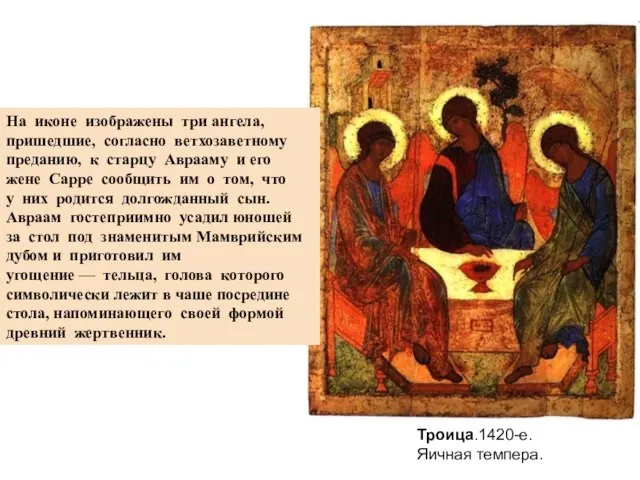 Троица.1420-е. Яичная темпера. На иконе изображены три ангела, пришедшие, согласно ветхозаветному преданию,