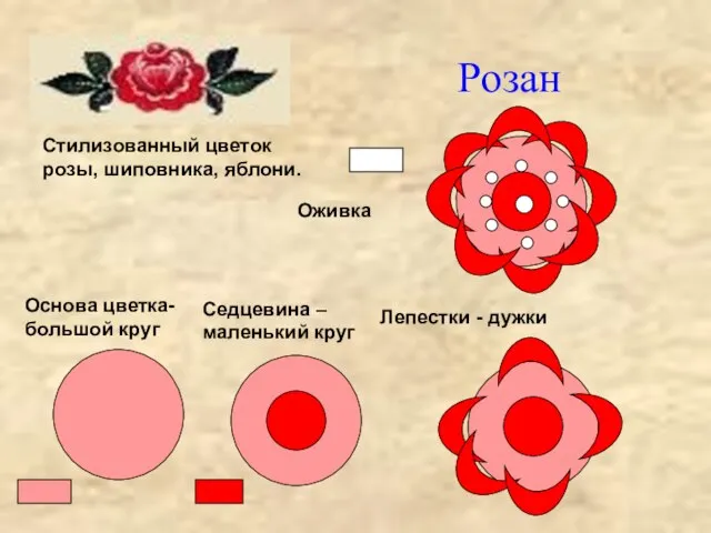 Розан Стилизованный цветок розы, шиповника, яблони. Основа цветка- большой круг Седцевина –