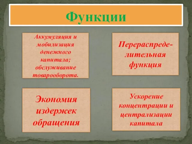 Функции Аккумуляция и мобилизация денежного капитала; обслуживание товарооборота. Перераспреде-лительная функция Экономия издержек