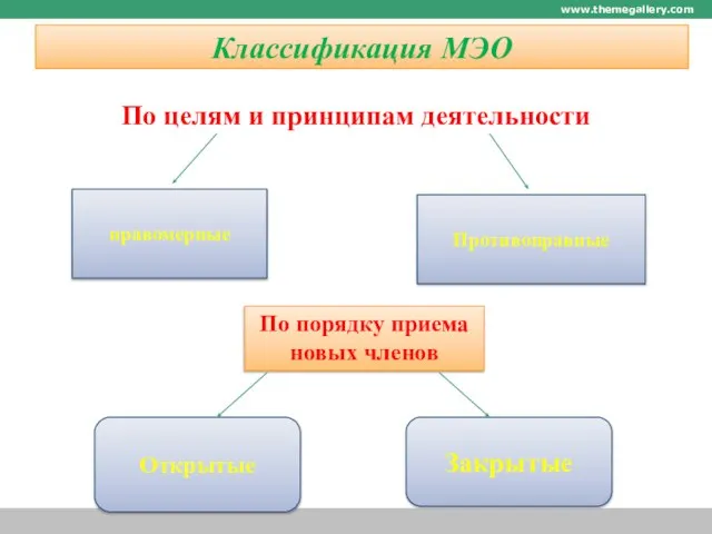 Классификация МЭО По целям и принципам деятельности www.themegallery.com правомерные Противоправные По порядку