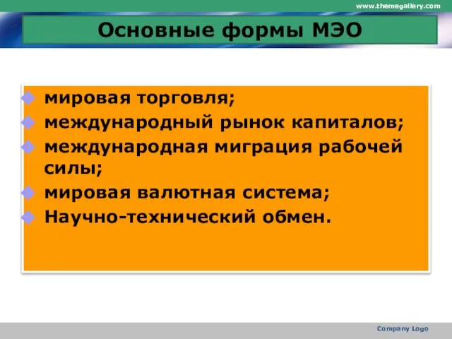 Основные формы МЭО мировая торговля; международный рынок капиталов; международная миграция рабочей силы;