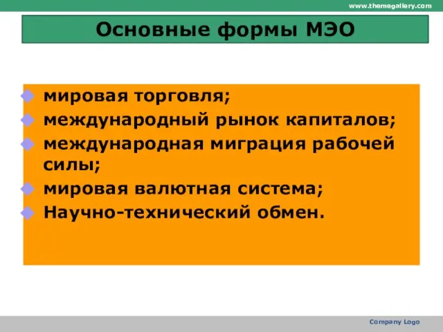 Основные формы МЭО мировая торговля; международный рынок капиталов; международная миграция рабочей силы;