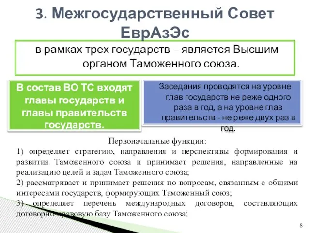 в рамках трех государств – является Высшим органом Таможенного союза. 3. Межгосударственный