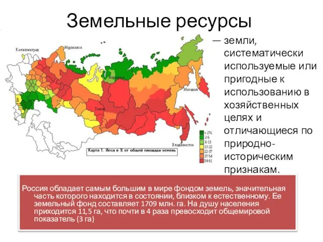 Земельные ресурсы Россия обладает самым большим в мире фондом земель, значительная часть