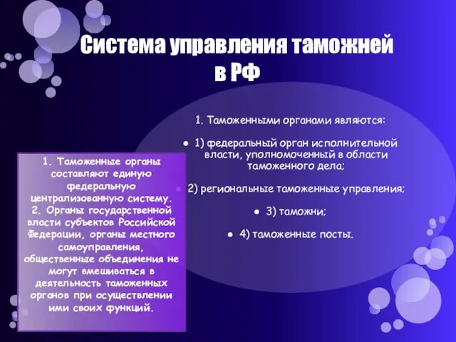 Система управления таможней в РФ 1. Таможенными органами являются: 1) федеральный орган