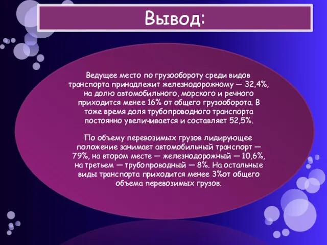 Вывод: Ведущее место по грузообороту среди видов транспорта принадлежит железнодорожному — 32,4%,на