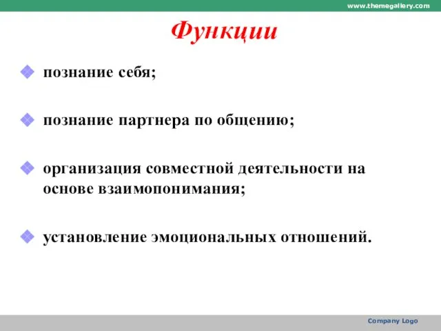 Функции познание себя; познание партнера по общению; организация совместной деятельности на основе