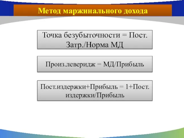 Метод маржинального дохода Точка безубыточности = Пост.Затр./Норма МД Произ.леверидж = МД/Прибыль Пост.издержки+Прибыль = 1+Пост.издержки/Прибыль