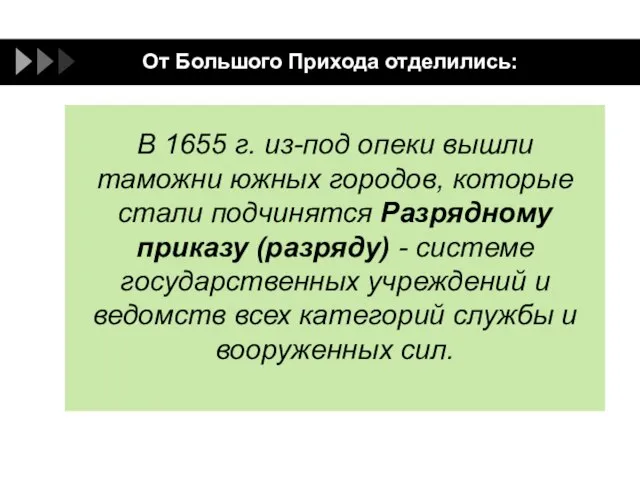 От Большого Прихода отделились: Новая Четверть Померная Изба Мытная Изба В 1655