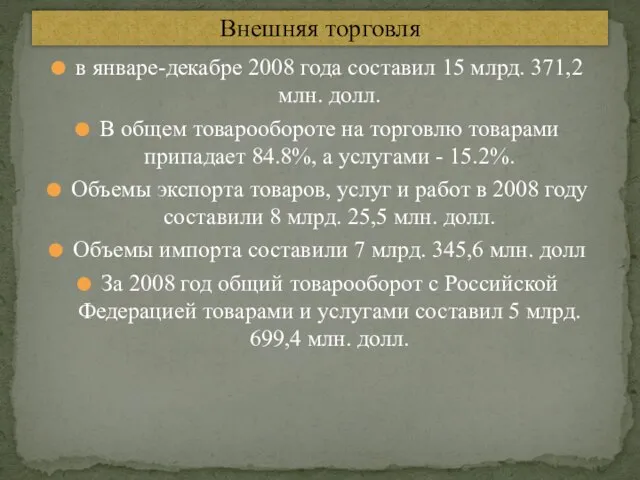 в январе-декабре 2008 года составил 15 млрд. 371,2 млн. долл. В общем