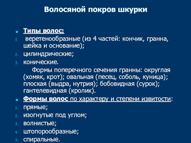 Волосяной покров шкурки Типы волос: веретенообразные (из 4 частей: кончик, гранна, шейка