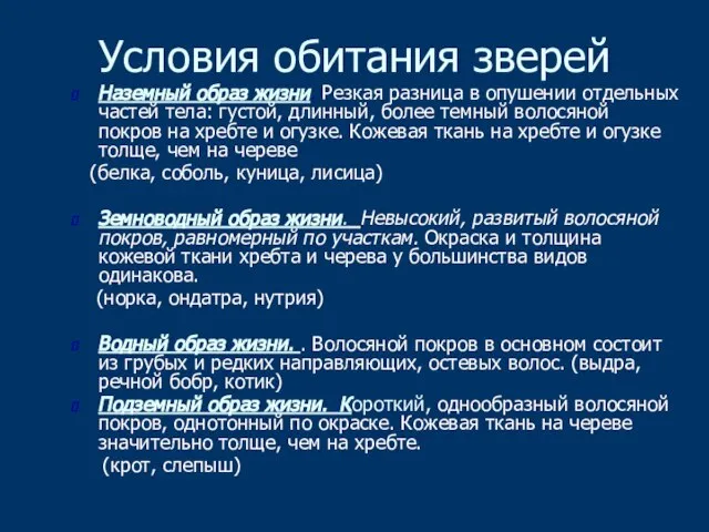 Условия обитания зверей Наземный образ жизни. Резкая разница в опушении отдельных частей