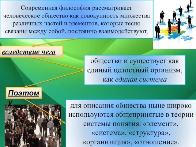 Современная философия рассматривает человеческое общество как совокупность множества различных частей и элементов,