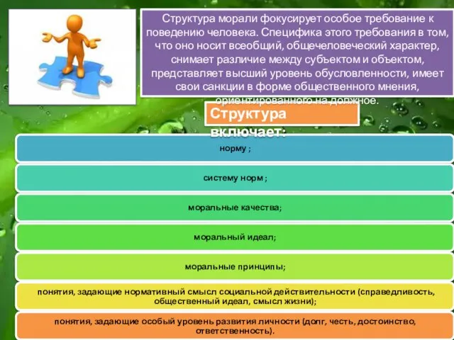 Мораль, являясь особой формой сознания, имеет свою структуру — систему форм, нарастающих