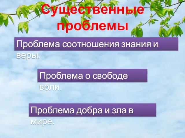 Существенные проблемы Проблема соотношения знания и веры. Проблема о свободе воли. Проблема