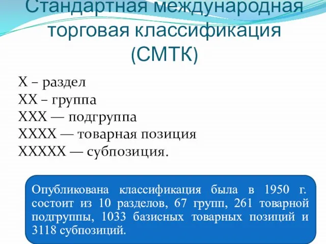 Стандартная международная торговая классификация (СМТК) Опубликована классификация была в 1950 г. состоит