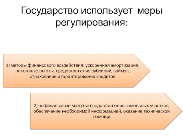 Государство использует меры регулирования: 1) методы финансового воздействия: ускоренная амортизация, налоговые льготы,