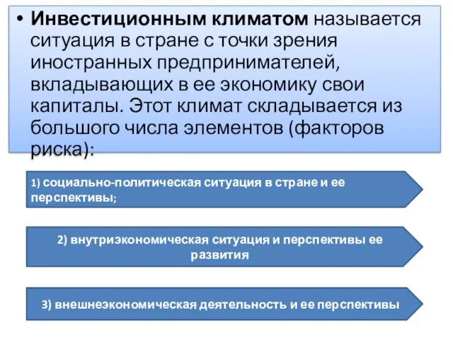 Инвестиционным климатом называется ситуация в стране с точки зрения иностранных предпринимателей, вкладывающих