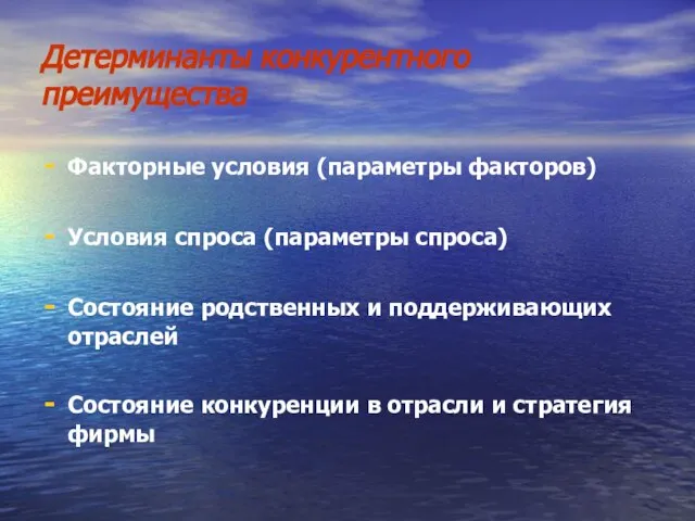 Детерминанты конкурентного преимущества Факторные условия (параметры факторов) Условия спроса (параметры спроса) Состояние