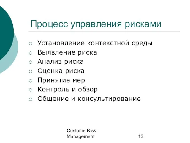 Customs Risk Management Процесс управления рисками Установление контекстной среды Выявление риска Анализ