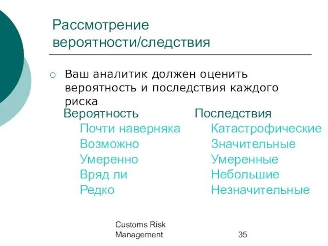 Customs Risk Management Рассмотрение вероятности/следствия Ваш аналитик должен оценить вероятность и последствия