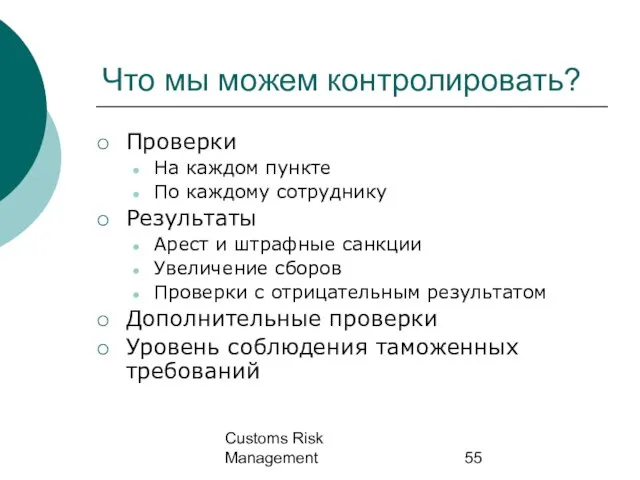 Customs Risk Management Что мы можем контролировать? Проверки На каждом пункте По