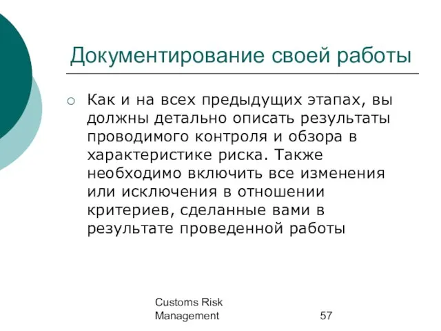 Customs Risk Management Документирование своей работы Как и на всех предыдущих этапах,