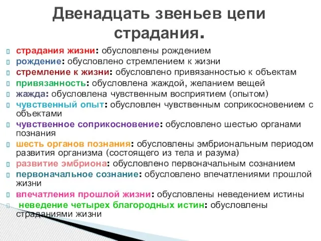 страдания жизни: обусловлены рождением рождение: обусловлено стремлением к жизни стремление к жизни: