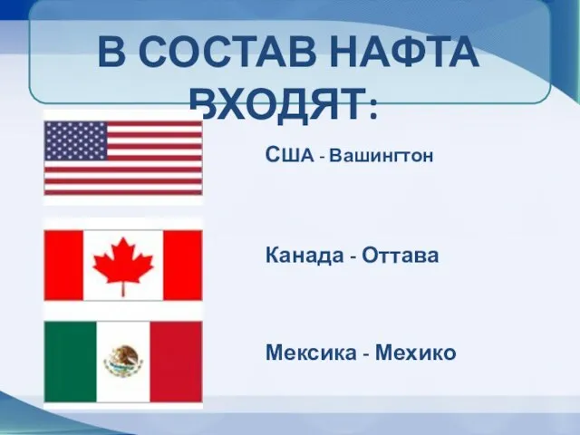 В состав НАФТА входят: США - Вашингтон Мексика - Мехико Канада - Оттава