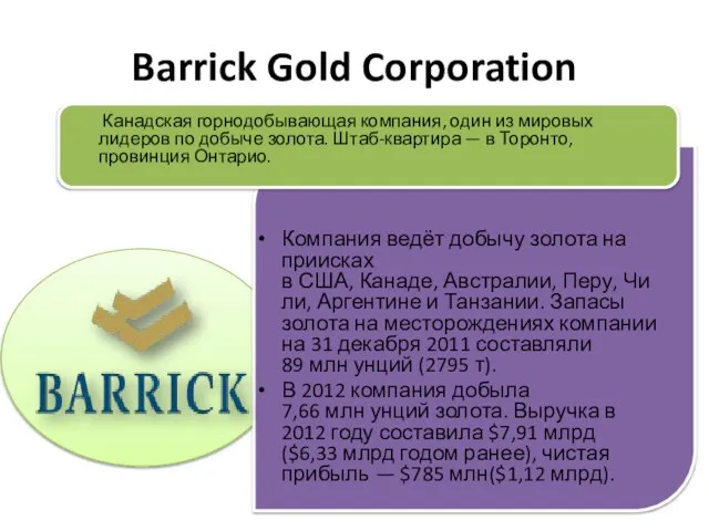 Barrick Gold Corporation Канадская горнодобывающая компания, один из мировых лидеров по добыче