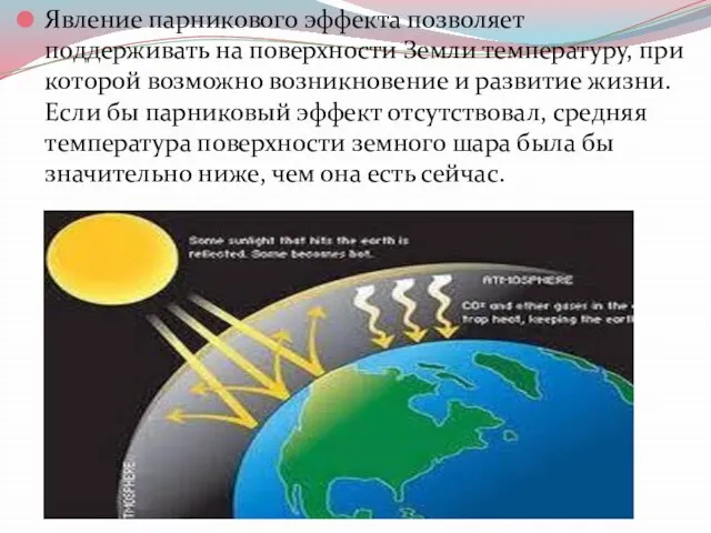 Явление парникового эффекта позволяет поддерживать на поверхности Земли температуру, при которой возможно