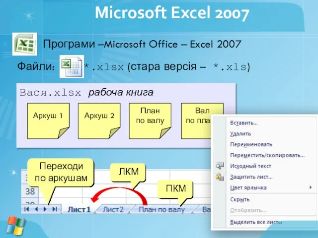 Програми –Microsoft Office – Excel 2007 Файли: *.xlsx (стара версія – *.xls)