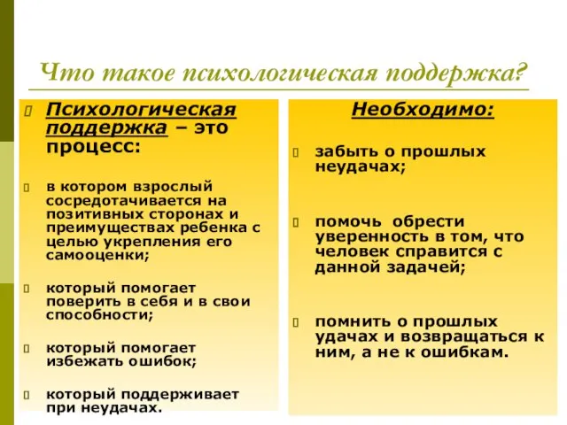 Что такое психологическая поддержка? Психологическая поддержка – это процесс: в котором взрослый