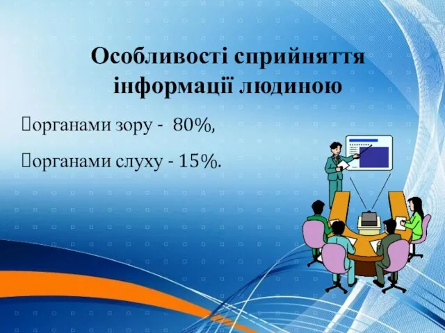 Особливості сприйняття інформації людиною органами зору - 80%, органами слуху - 15%.