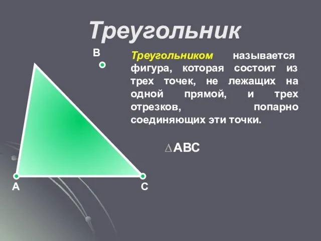 Треугольник Треугольником называется фигура, которая состоит из трех точек, не лежащих на