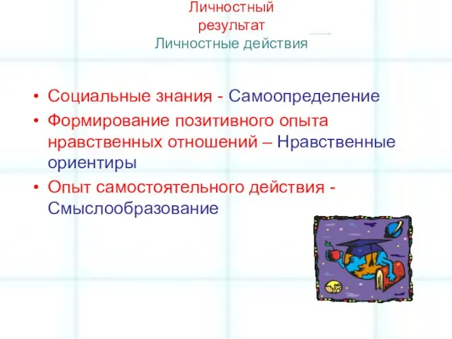 Личностный результат Личностные действия Социальные знания - Самоопределение Формирование позитивного опыта нравственных