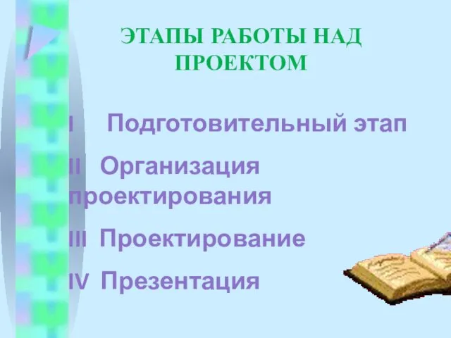 ЭТАПЫ РАБОТЫ НАД ПРОЕКТОМ I Подготовительный этап II Организация проектирования III Проектирование IV Презентация