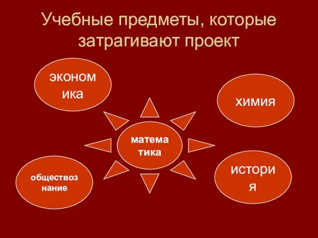 Учебные предметы, которые затрагивают проект математика химия экономика обществознание история