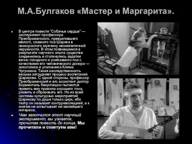 М.А.Булгаков «Мастер и Маргарита». В центре повести “Собачье сердце” — эксперимент профессора