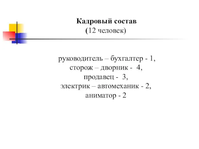 Кадровый состав (12 человек) руководитель – бухгалтер - 1, сторож – дворник