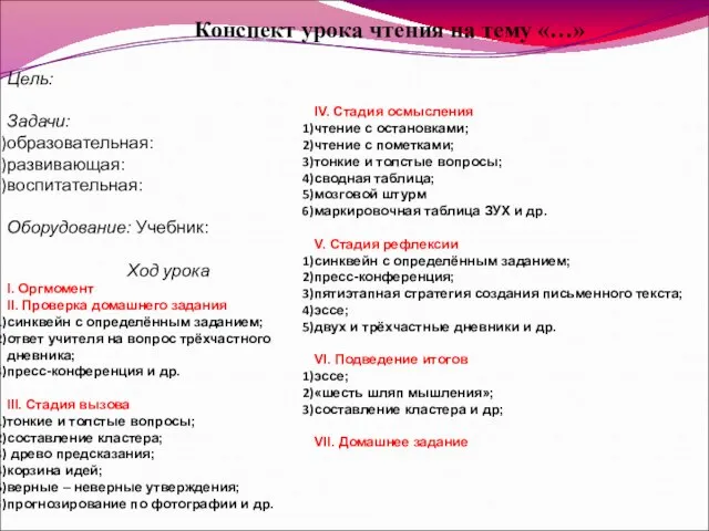 Конспект урока чтения на тему «…» Цель: Задачи: образовательная: развивающая: воспитательная: Оборудование: