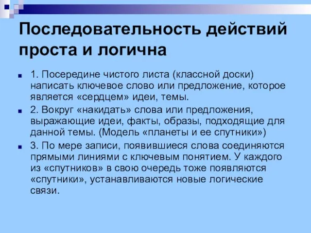 Последовательность действий проста и логична 1. Посередине чистого листа (классной доски) написать