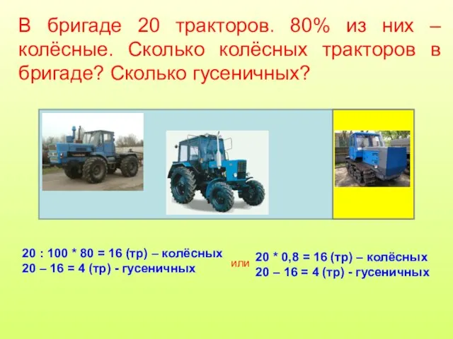 В бригаде 20 тракторов. 80% из них – колёсные. Сколько колёсных тракторов в бригаде? Сколько гусеничных?